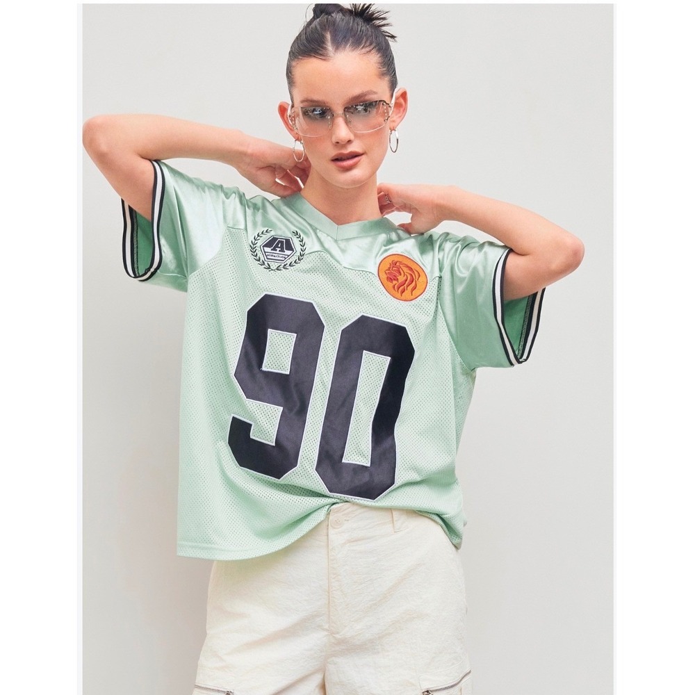 Cider Jersey Women M Pale Green Satin Mesh 90 Graphic Embroidered Patch V-Neck